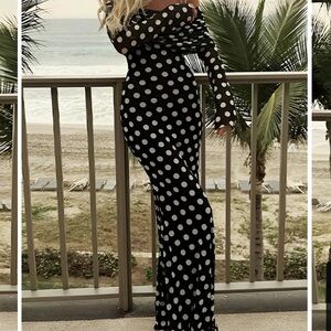 Commense Long sleeve Off shoulder polka dot long dress